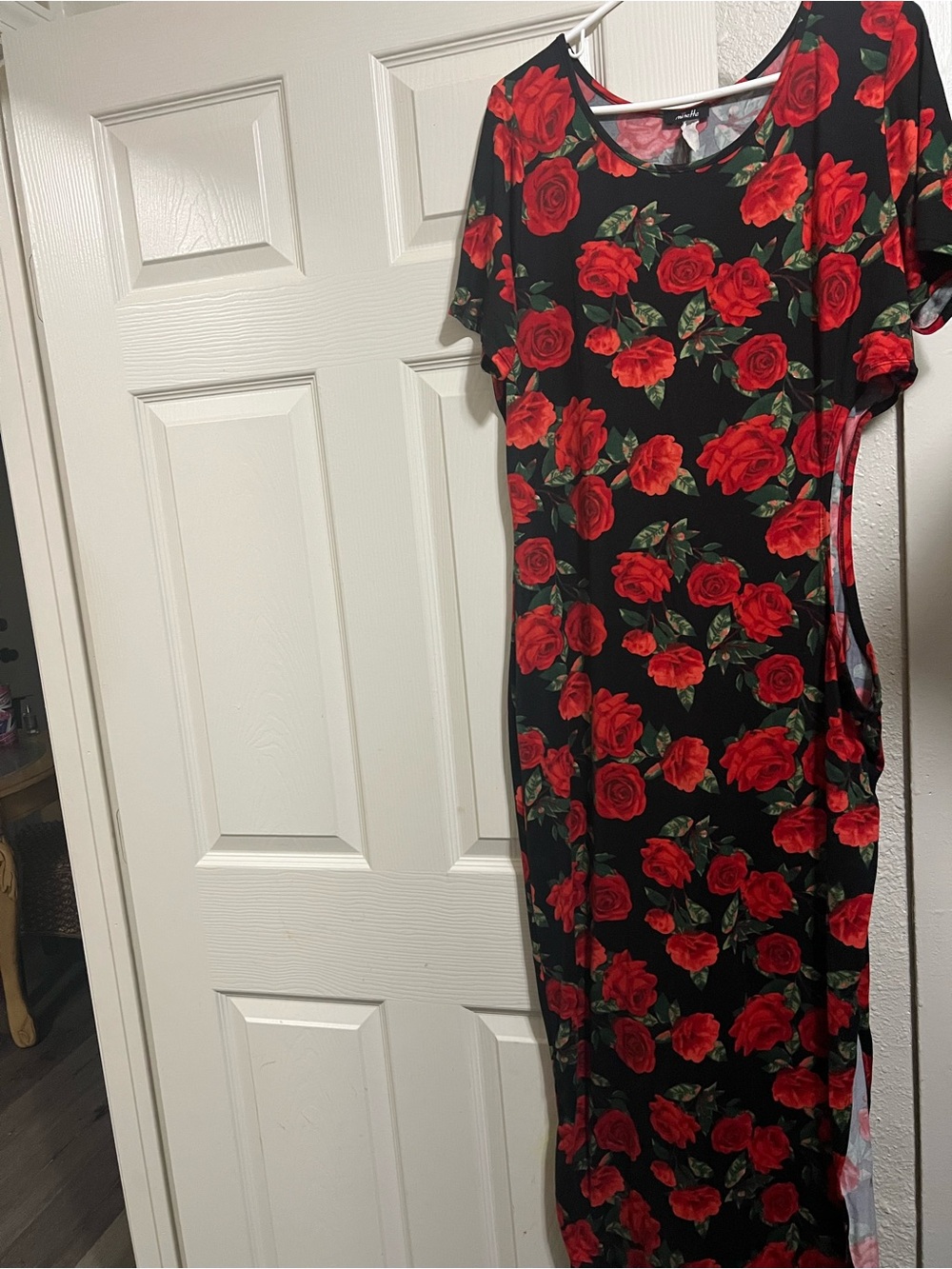 Black Floral Maxi Dress with Red Rose Print